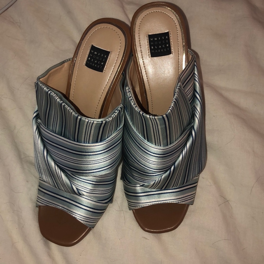 WHITE HOUSE BLACK MARKET Mules w/ silk stripes